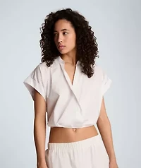 Pleat Cross Over Front Short Sleeve Crop Shirt