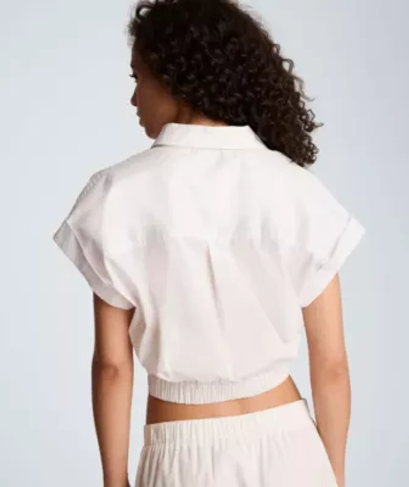 Pleat Cross Over Front Short Sleeve Crop Shirt