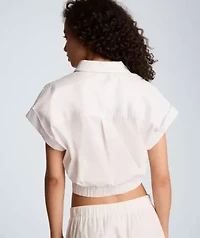 Pleat Cross Over Front Short Sleeve Crop Shirt
