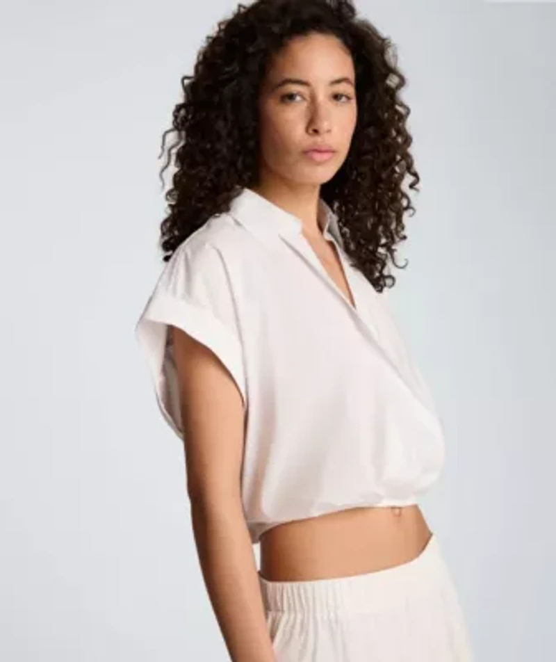 Pleat Cross Over Front Short Sleeve Crop Shirt