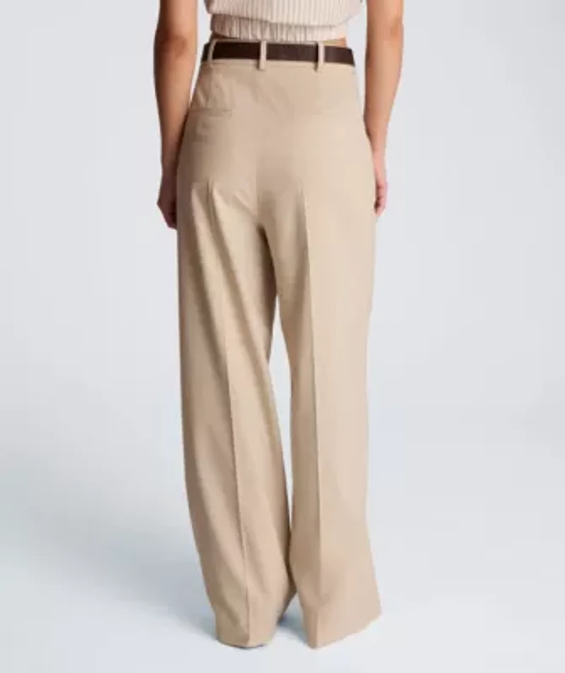 Fly Front High Rise Wide Leg Slash Pocket Pant with Belt