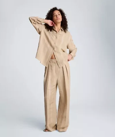 High Rise Fly Front Wide Leg Double Pleat Striped Linen Blend Pant