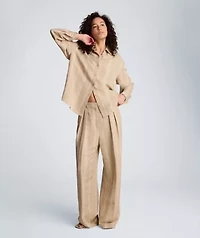 High Rise Fly Front Wide Leg Double Pleat Striped Linen Blend Pant