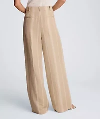High Rise Fly Front Wide Leg Double Pleat Striped Linen Blend Pant