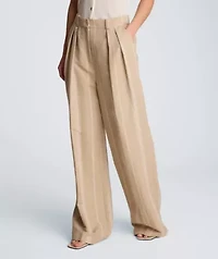 High Rise Fly Front Wide Leg Double Pleat Striped Linen Blend Pant