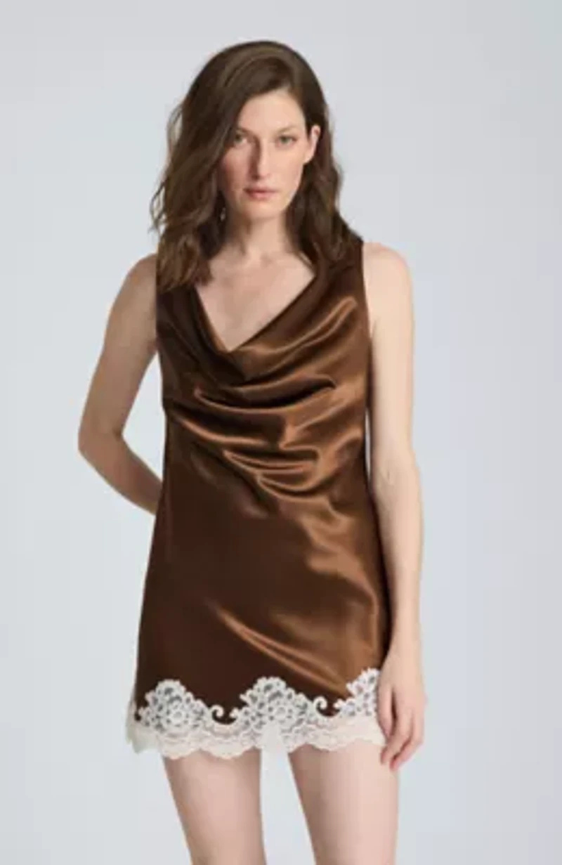 Tie Back Cowl Neck Mini Dress with Lace Hem