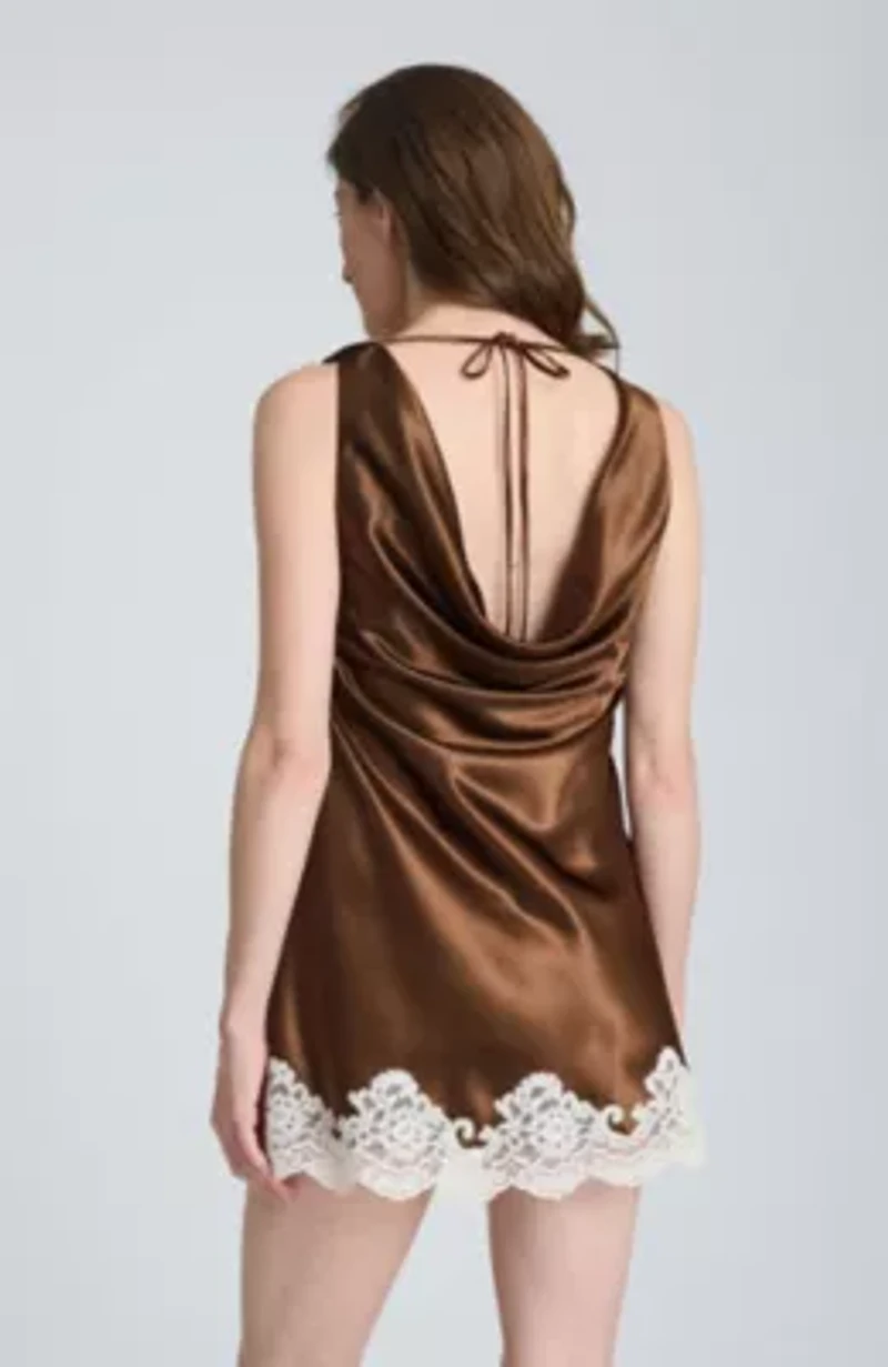 Tie Back Cowl Neck Mini Dress with Lace Hem