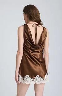 Tie Back Cowl Neck Mini Dress with Lace Hem