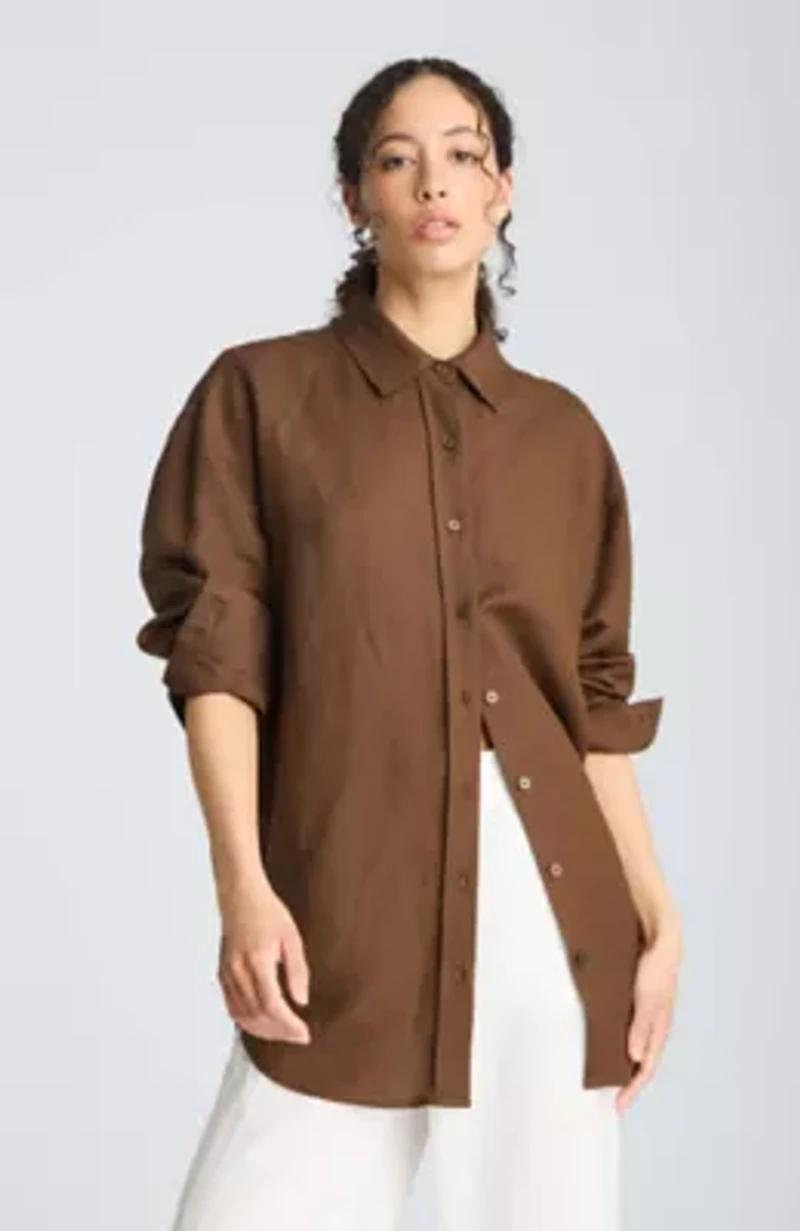 Drop Shoulder Button Front Boyfriend Linen Shirt