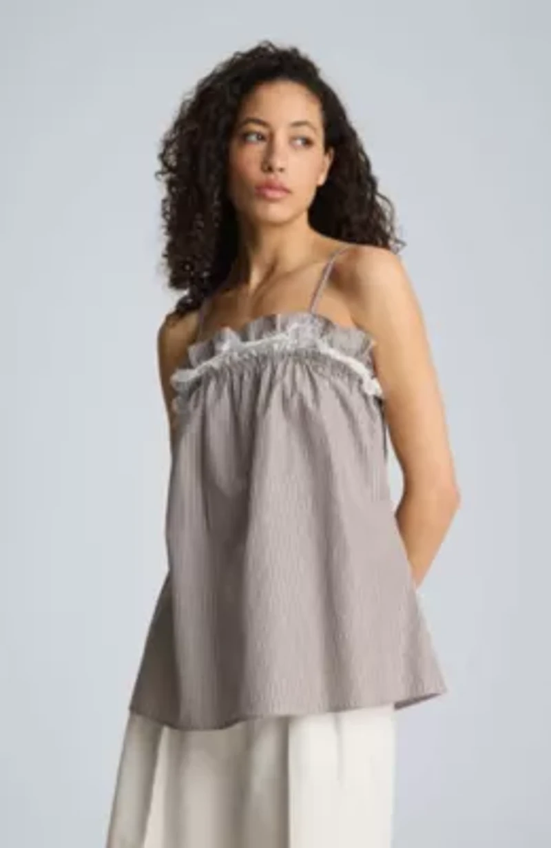 Shirred Neck Cami with Lace Trim Detail