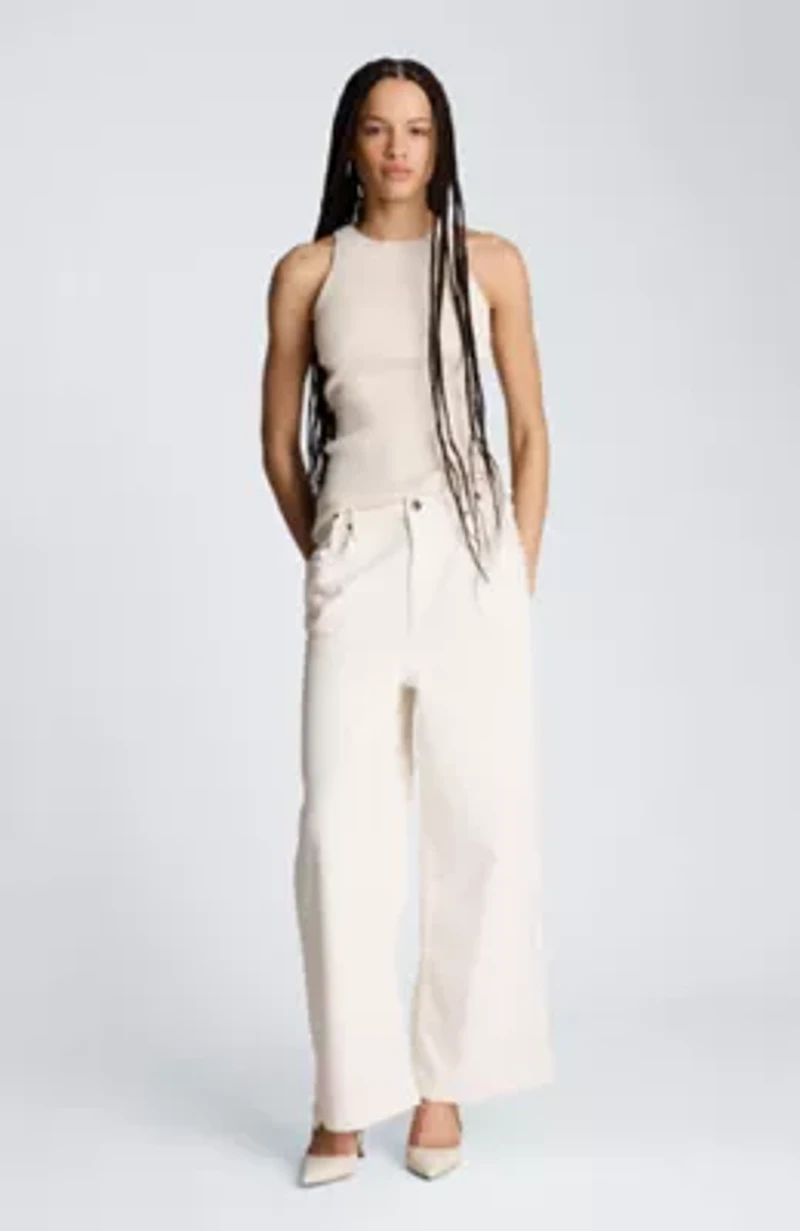 High Rise Fly Front Wide Leg Pant with Adjustable Waist