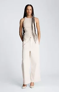 High Rise Fly Front Wide Leg Pant with Adjustable Waist