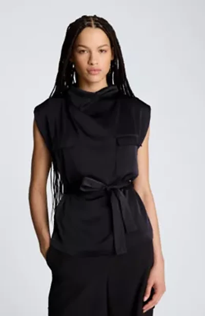 High Cowl Neck Belted Blouse with Chest Pockets
