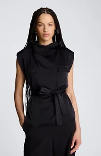 High Cowl Neck Belted Blouse with Chest Pockets