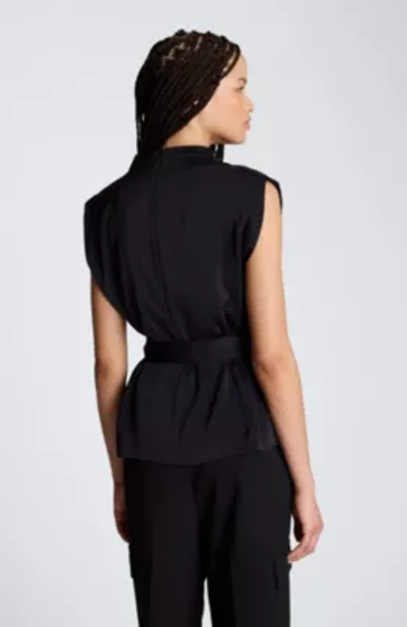 High Cowl Neck Belted Blouse with Chest Pockets