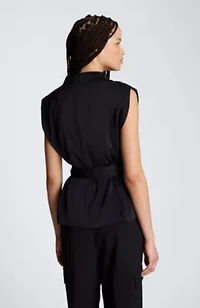 High Cowl Neck Belted Blouse with Chest Pockets
