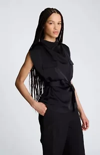 High Cowl Neck Belted Blouse with Chest Pockets