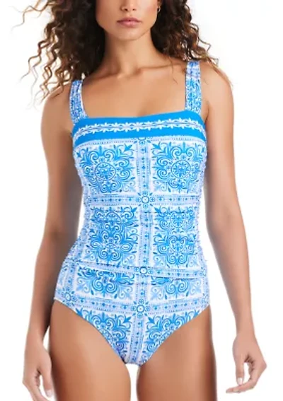 Women's Square Neck Placement Print One Piece Swimsuit