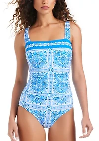 Women's Square Neck Placement Print One Piece Swimsuit