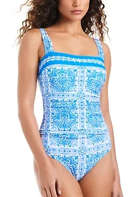 Women's Square Neck Placement Print One Piece Swimsuit