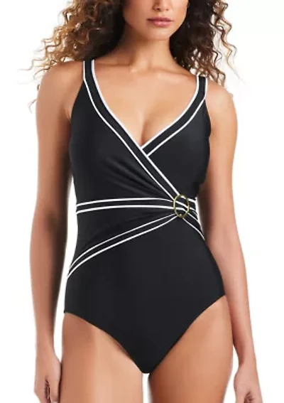 Women's Colorblock Surplice One Piece Swimsuit