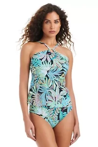 High-Neck Tankini With Center Front Ring Detail