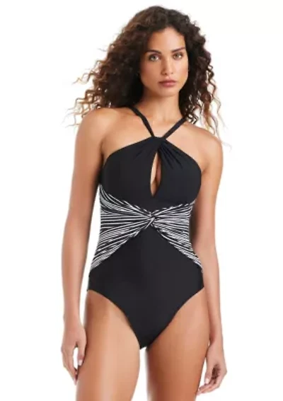 High-Neck Over-The-Shoulder One-Piece Swimsuit With CF Key Hole & Twist