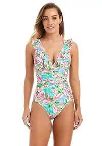 Dazzling Tropical Ruffle Neck One Piece Swimsuit