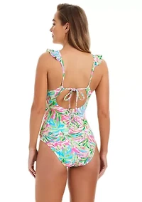 Dazzling Tropical Ruffle Neck One Piece Swimsuit