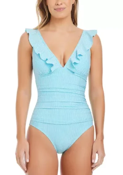 Women's Seersucker Ruffle Neck One Piece Swimsuit