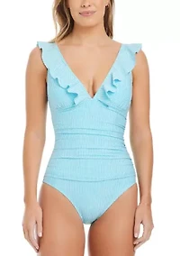 Women's Seersucker Ruffle Neck One Piece Swimsuit