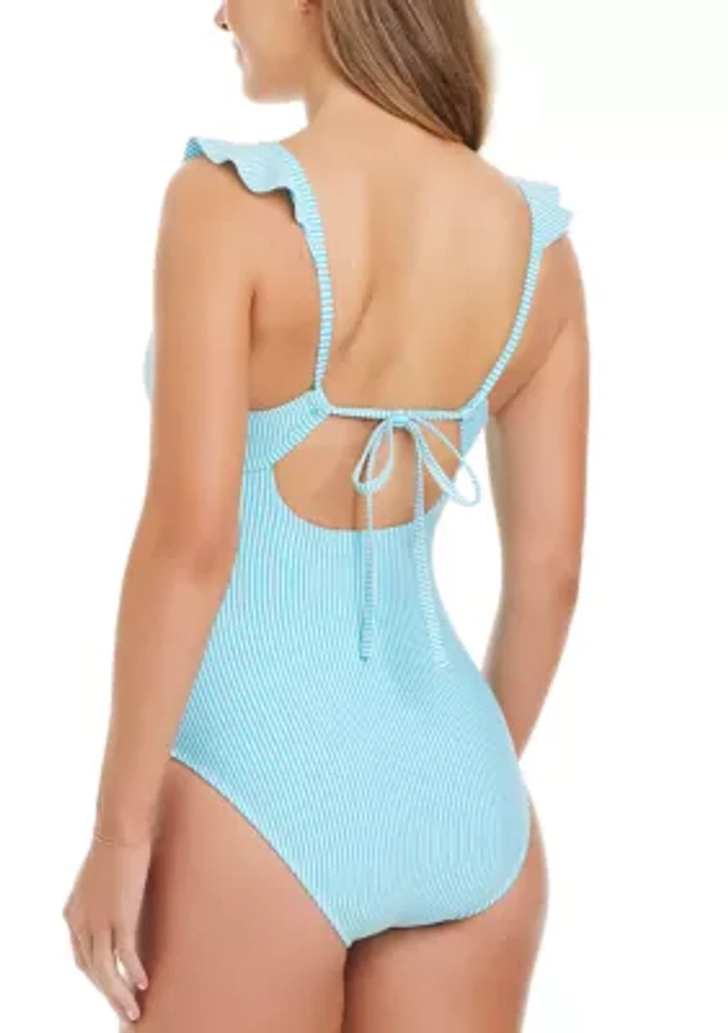 Women's Seersucker Ruffle Neck One Piece Swimsuit
