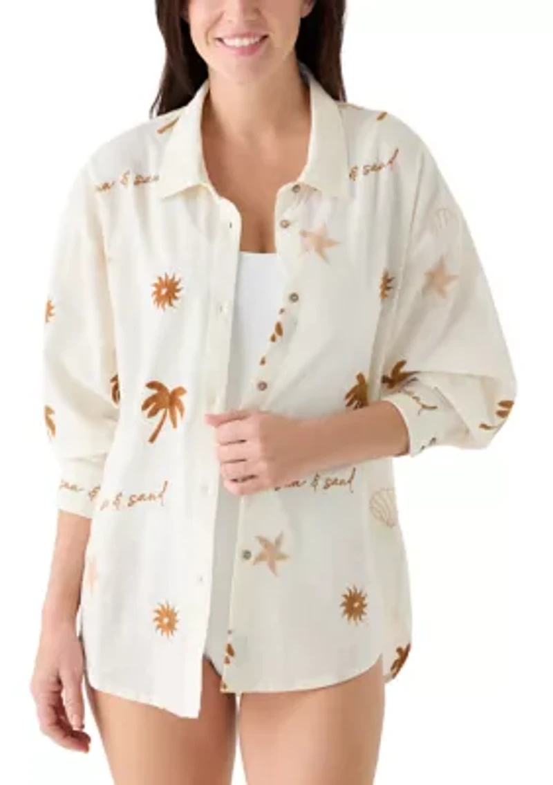 Women's Long Sleeve Sun Sand Print Embroidery Swim Cover Up