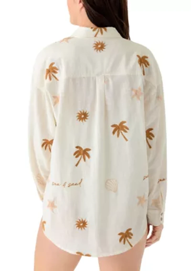 Women's Long Sleeve Sun Sand Print Embroidery Swim Cover Up