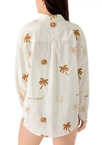 Women's Long Sleeve Sun Sand Print Embroidery Swim Cover Up