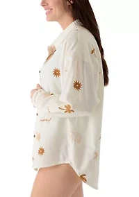 Women's Long Sleeve Sun Sand Print Embroidery Swim Cover Up