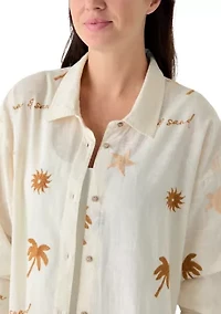 Women's Long Sleeve Sun Sand Print Embroidery Swim Cover Up