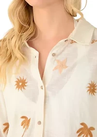 Women's Long Sleeve Sun Sand Print Embroidery Swim Cover Up
