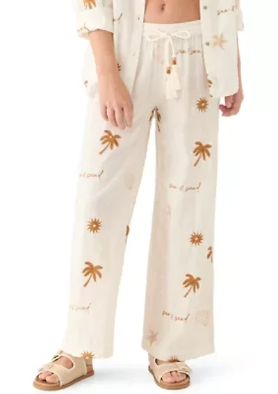 Sun Sand Printed Embroidered Wide Leg Pants