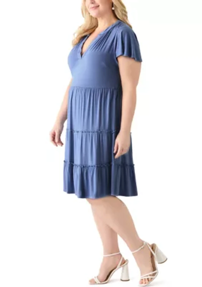 Plus Flutter Sleeve Tiered Knit Dress