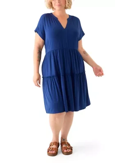 Plus Short Sleeve Split Neck Tiered Knit Dress