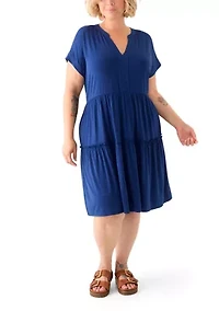 Plus Short Sleeve Split Neck Tiered Knit Dress