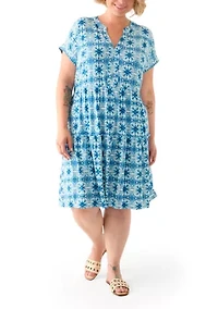 Plus Short Sleeve Split Neck Tiered Knit Dress