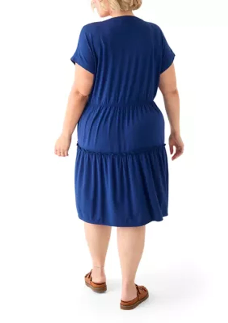 Plus Short Sleeve Split Neck Tiered Knit Dress