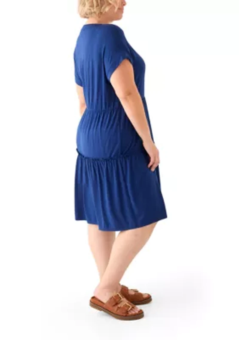 Plus Short Sleeve Split Neck Tiered Knit Dress