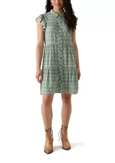 Plus Short Sleeve Tiered Woven Shirtdress
