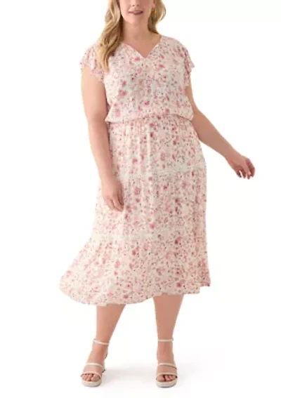Plus Flutter Sleeve Split Neck Floral Gauze Midi Dress