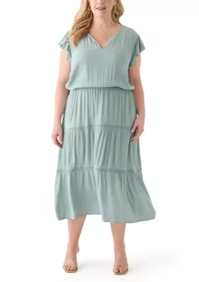 Plus Flutter Sleeve Split Neck Floral Gauze Midi Dress