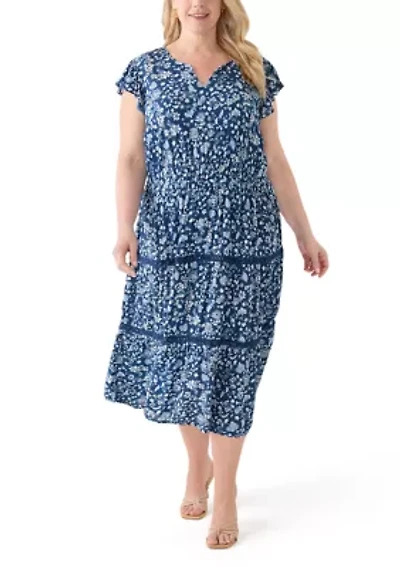 Plus Flutter Sleeve Split Neck Floral Gauze Midi Dress