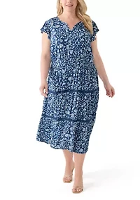 Plus Flutter Sleeve Split Neck Floral Gauze Midi Dress